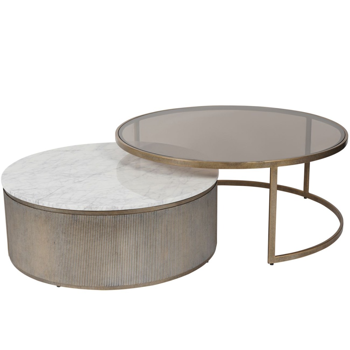 Belvedere Aged Gold Set of 2 Nesting Coffee Tables with Marble and Tinted Glass 