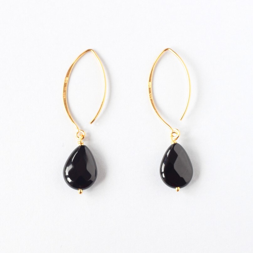 Black Onyx Teardrop Gold V. Long Earrings