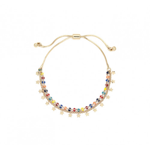 Double Layered With Coloured Beads and Stars Chain Adjustable Bracelet Gold Multi