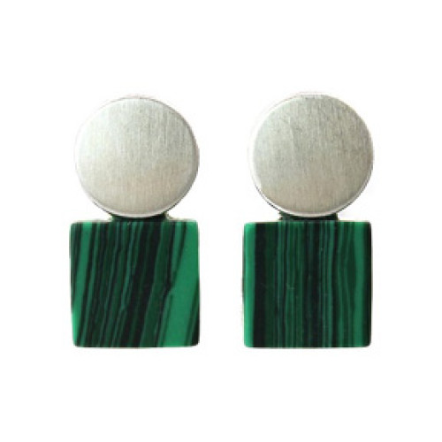 Brushed Round Metal and Square Stone Earrings In Silver Green