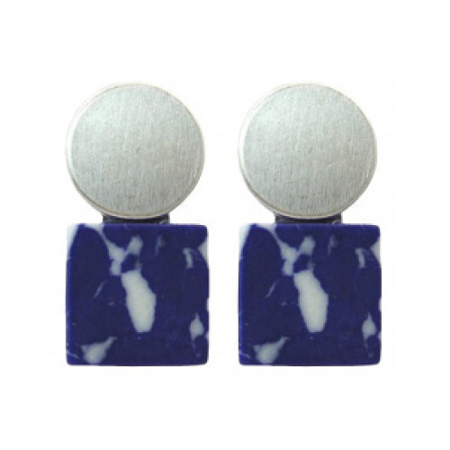 Brushed Round Metal and Square Stone Earrings In Silver Navy
