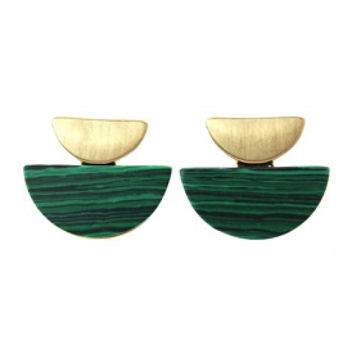 Half Round Shape Brushed Metal and Stone Earrings In Gold Green