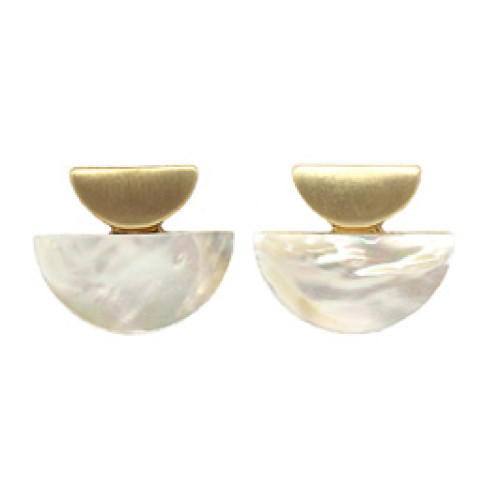 Half Round Shape Brushed Metal and Stone Earrings In Gold Ivory