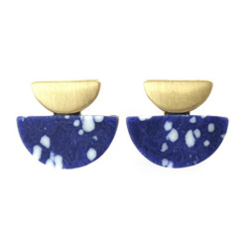 Half Round Shape Brushed Metal and Stone Earrings In Gold Navy