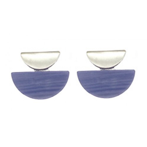 Half Round Shape Brushed Metal and Stone Earrings In Silver Blue lace