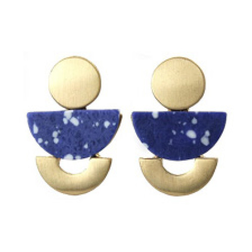 Brushed Metal and Stone Earrings In Gold Navy