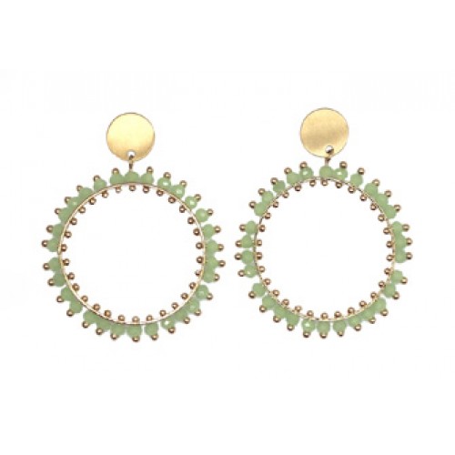 Double Round Drop With Glass Beads Earrings In Gold Green