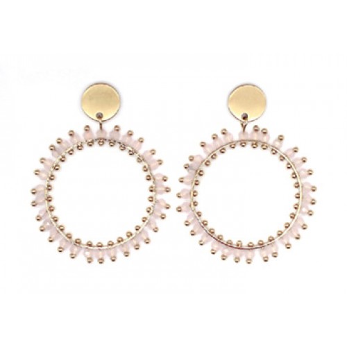 Double Round Drop With Glass Beads Earrings In Gold Pink