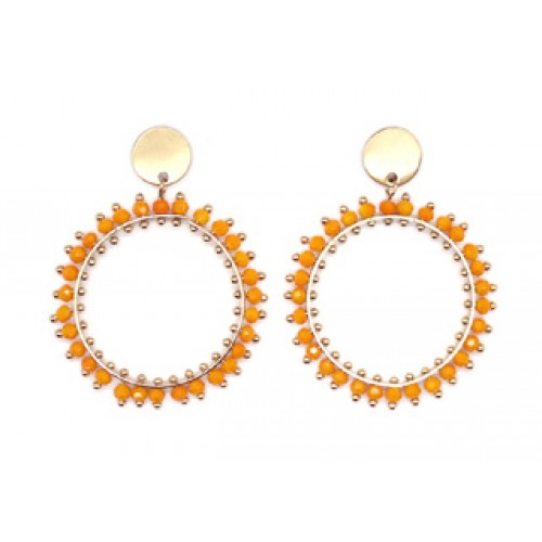 Double Round Drop With Glass Beads Earrings In Gold Orange