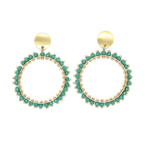 Double Round Drop With Glass Beads Earrings In Gold Turquoise