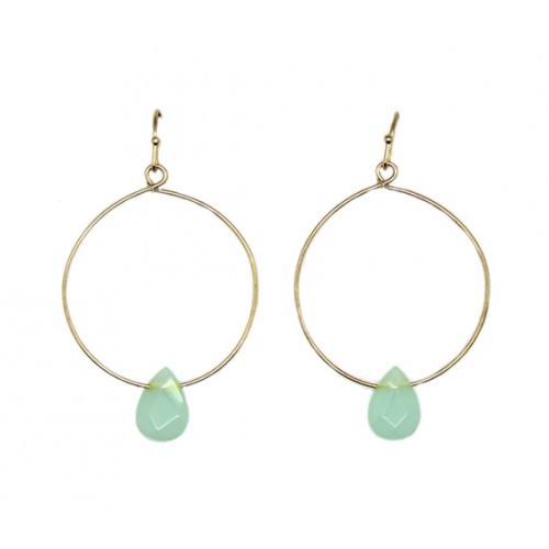 Stone With Round Wire Earrings In Gold Green Chalcedony
