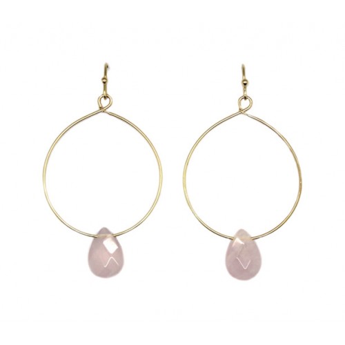 Stone With Round Wire Earrings In Gold Rose Quartz