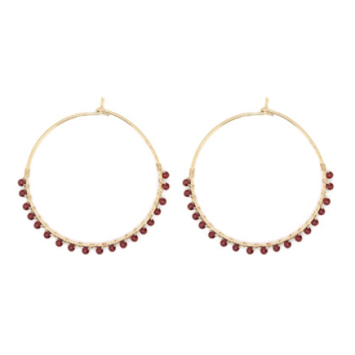 Hand Wired Colour Beads Brass Round Earrings In Gold Red