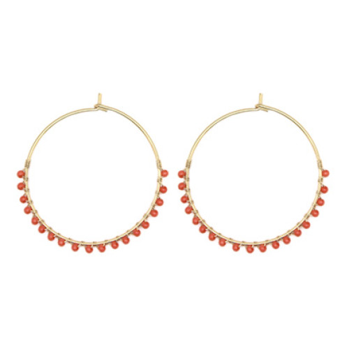Hand Wired Colour Beads Brass Round Earrings In Gold Orange