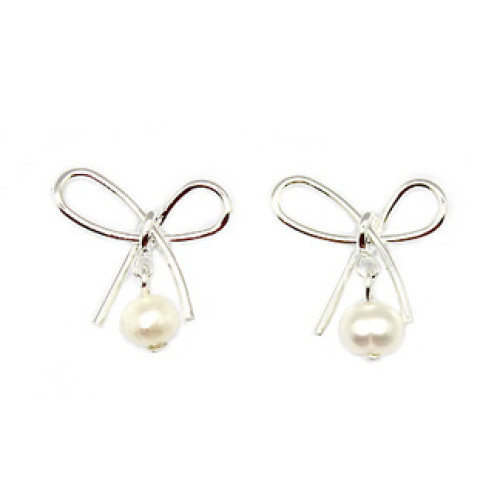 Ribbon Shape Brass With Natural Pearl Earrings Silver