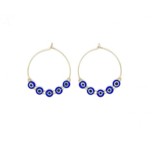 Colourful Murano Glasses Evil Eyes Round Brass Hoop Earrings in Blue