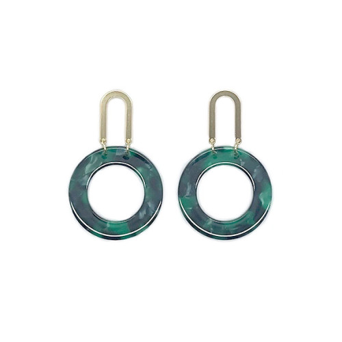 Brass Metal with Coloured Resin Earrings In Gold Green
