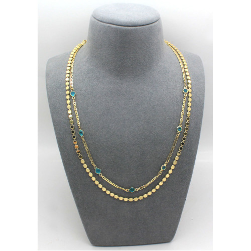 Double Layered With Flat Chain and Colourful Glass Necklace Gold Blue