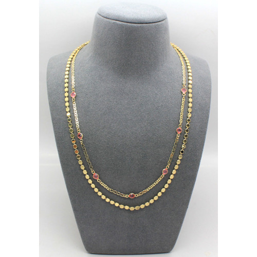 Double Layered With Flat Chain and Colourful Glass Necklace Gold Pink