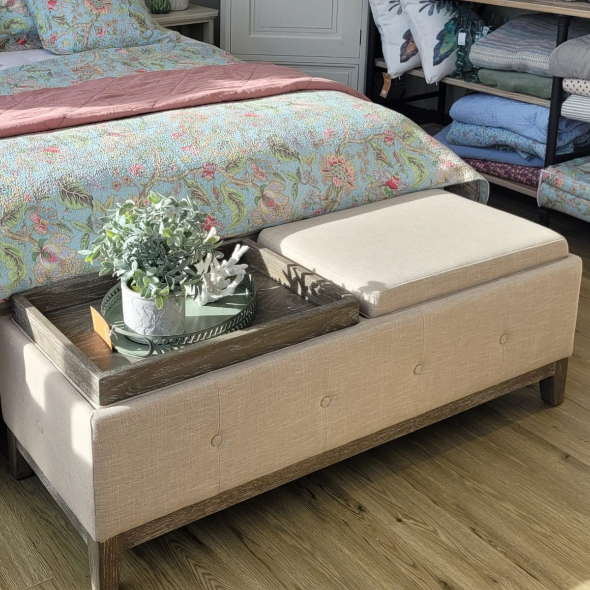 Grace Ottoman with tray top natural linen