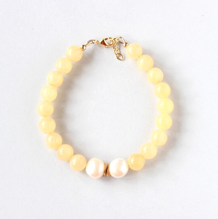 Yellow Jade Fr. Pearls Gold Bracelet