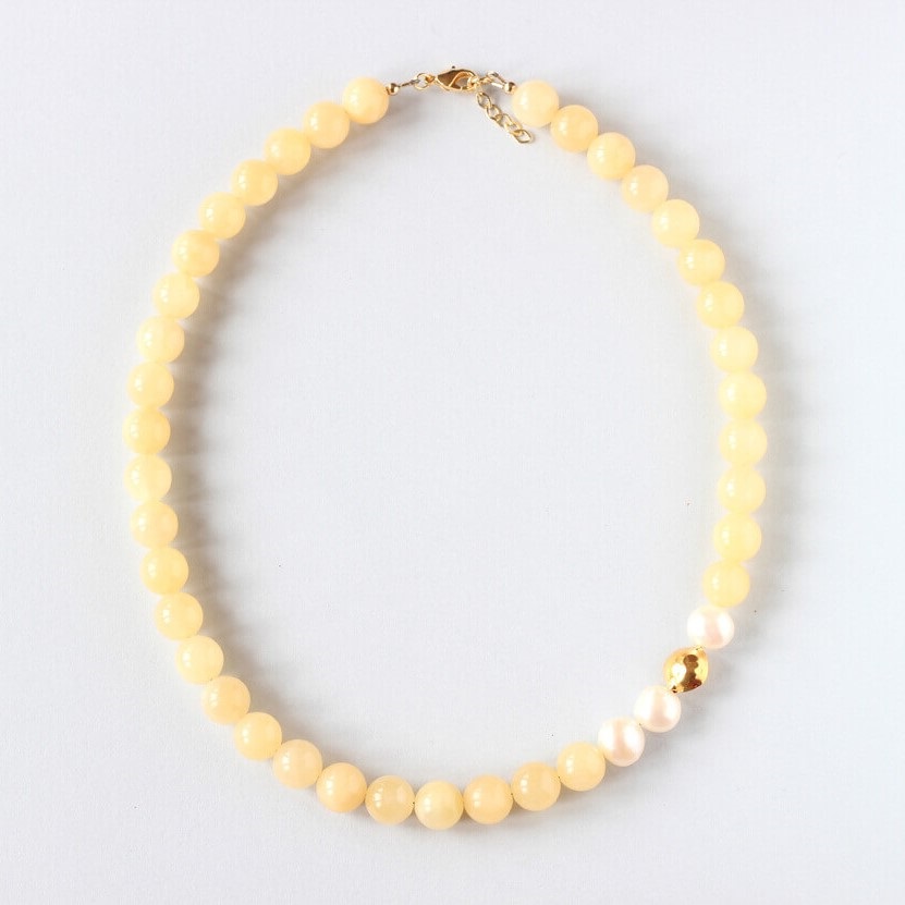 Yellow Jade Fr. Pearls Gold Necklace
